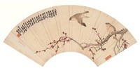 刘奎龄 1924年作 梅花小鸟 扇面镜心